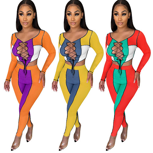 Knit Rib Color Patchwork Crop Tops Pants Set NIK-262