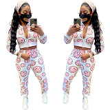 Smiley Face Print Long Sleeve Zip Crop Top Pants Set HMS-5502