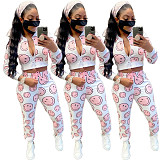 Smiley Face Print Long Sleeve Zip Crop Top Pants Set HMS-5502