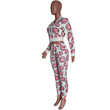 Smiley Face Print Long Sleeve Zip Crop Top Pants Set HMS-5502