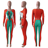 Knit Rib Color Patchwork Crop Tops Pants Set NIK-262