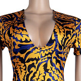 Pattern Printing Deep-V Short Sleeve Midi Dress FSX-296