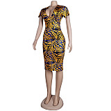 Pattern Printing Deep-V Short Sleeve Midi Dress FSX-296