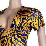 Pattern Printing Deep-V Short Sleeve Midi Dress FSX-296