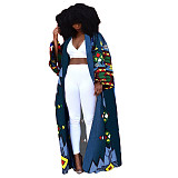 Printed Long Sleeve Open Front Long Cardigan Tops DY-6943