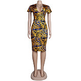 Pattern Printing Deep-V Short Sleeve Midi Dress FSX-296