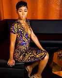 Pattern Printing Deep-V Short Sleeve Midi Dress FSX-296