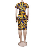 Pattern Printing Deep-V Short Sleeve Midi Dress FSX-296