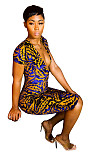 Pattern Printing Deep-V Short Sleeve Midi Dress FSX-296