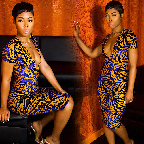 Pattern Printing Deep-V Short Sleeve Midi Dress FSX-296