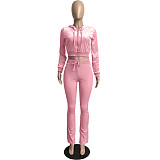 XS Velvet Zip Hooded Crop Top Pants Suit FSL-172