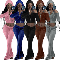 XS Velvet Zip Hooded Crop Top Pants Suit FSL-172