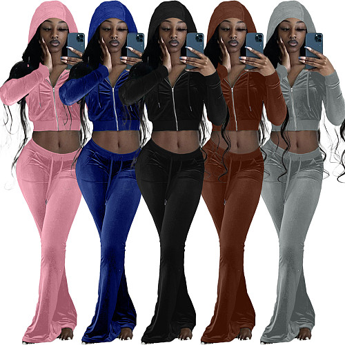 XS Velvet Zip Hooded Crop Top Pants Suit FSL-172