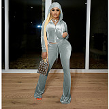 XS Velvet Zip Hooded Crop Top Pants Suit FSL-172