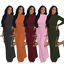 Long Sleeve Crop Top Side Split Bandage Pants Set FOS-8100