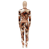 Oil Painting Button Long Sleeve Crop Top Slim Pants Set WSY-5903