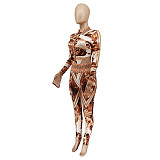 Oil Painting Button Long Sleeve Crop Top Slim Pants Set WSY-5903