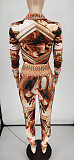 Oil Painting Button Long Sleeve Crop Top Slim Pants Set WSY-5903