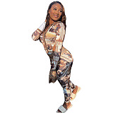 Oil Painting Button Long Sleeve Crop Top Slim Pants Set WSY-5903