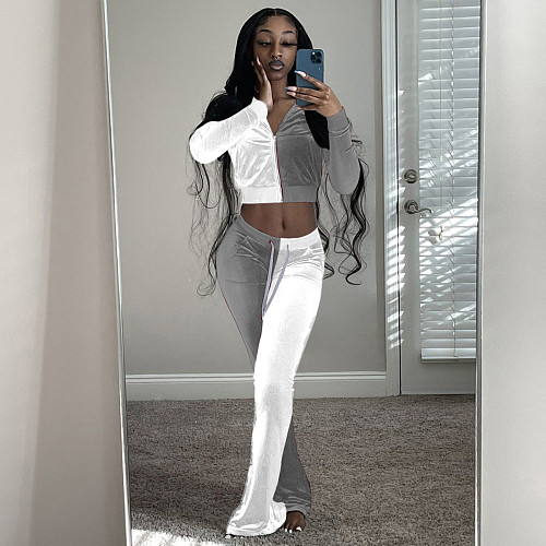 Velvet Color Contrast Jacket Flared Pants Set TR-1178