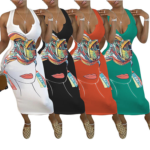 Abstract Print Sleeveless V Neck Skinny Dress HMS-5338