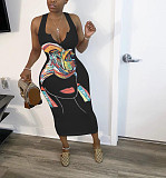 Abstract Print Sleeveless V Neck Skinny Dress HMS-5338