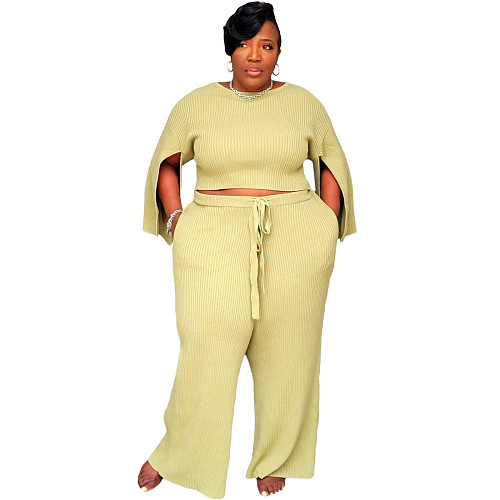 Knitted Solid Split Sleeve Crop Top Wide Leg Pants Set YS-8824