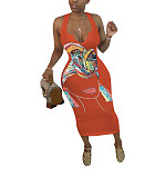 Abstract Print Sleeveless V Neck Skinny Dress HMS-5338