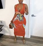 Abstract Print Sleeveless V Neck Skinny Dress HMS-5338