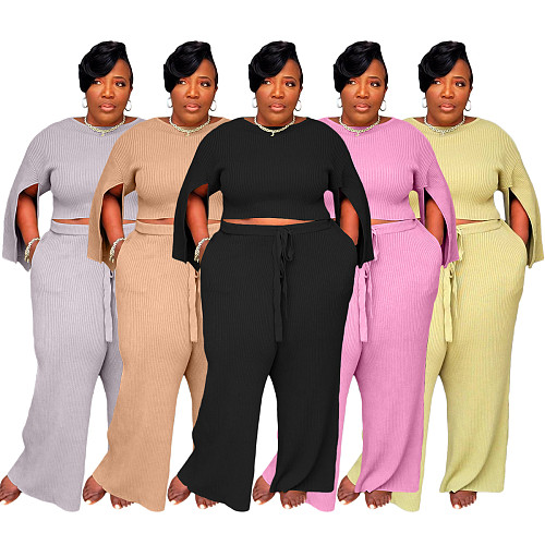 Knitted Solid Split Sleeve Crop Top Wide Leg Pants Set YS-8824