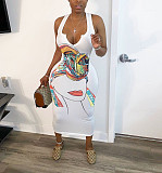 Abstract Print Sleeveless V Neck Skinny Dress HMS-5338