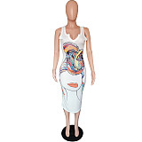 Abstract Print Sleeveless V Neck Skinny Dress HMS-5338