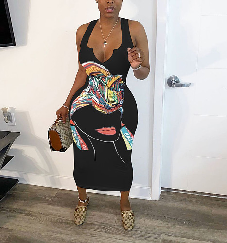 Abstract Print Sleeveless V Neck Skinny Dress HMS-5338