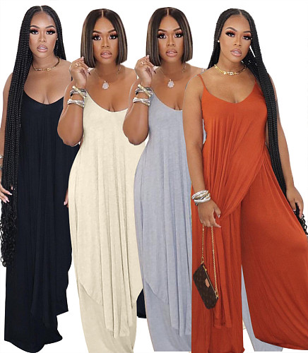 Irregular Spaghetti Strap Long Tops Wide Leg Pants Set OSM-7003