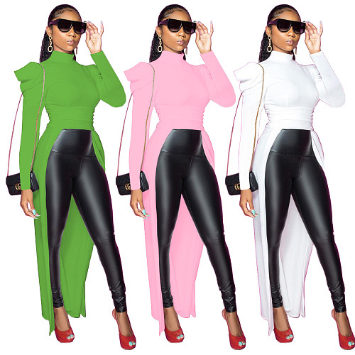 O Neck Puff Long Sleeve Solid Asymmetric Blouse MEI-9202