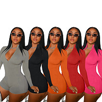 Solid Zipper Front Long Sleeve Bodycon Romper FNN-8630