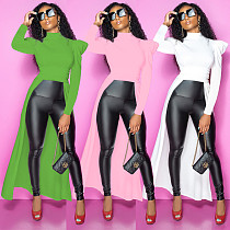 O Neck Puff Long Sleeve Solid Asymmetric Blouse MEI-9202