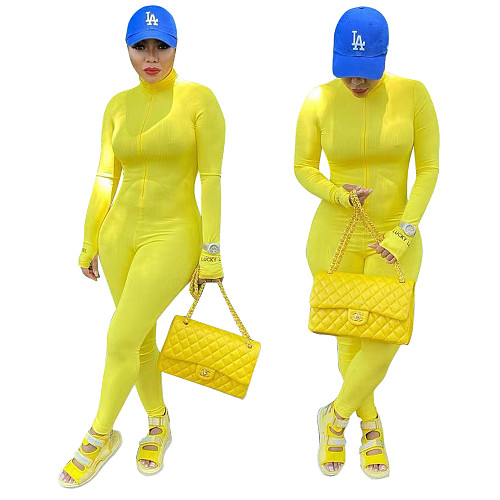 Letter Embroidery Long Sleeve Zipper Bodycon Jumpsuit OD-8456