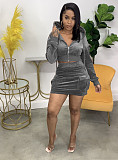 Velvet Hooded Jacket Crop Tops Pockets Skirt Set WSM-5278