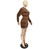 Velvet Hooded Jacket Crop Tops Pockets Skirt Set WSM-5278
