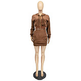 Velvet Hooded Jacket Crop Tops Pockets Skirt Set WSM-5278