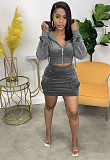 Velvet Hooded Jacket Crop Tops Pockets Skirt Set WSM-5278