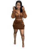 Velvet Hooded Jacket Crop Tops Pockets Skirt Set WSM-5278