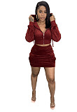 Velvet Hooded Jacket Crop Tops Pockets Skirt Set WSM-5278