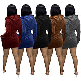 Velvet Hooded Jacket Crop Tops Pockets Skirt Set WSM-5278