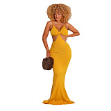 Solid Color Hollow Out Sleeveless Floor-lenth Dress CHY-1315
