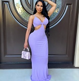 Solid Color Hollow Out Sleeveless Floor-lenth Dress CHY-1315