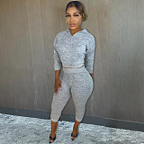 Knitted Hoodies Crop Top Joggers Sweat Pants Set XMY-9327
