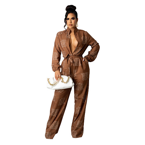 Buttons Up High Waist Long Sleeve Sashes Jumpsuits SHD-9802