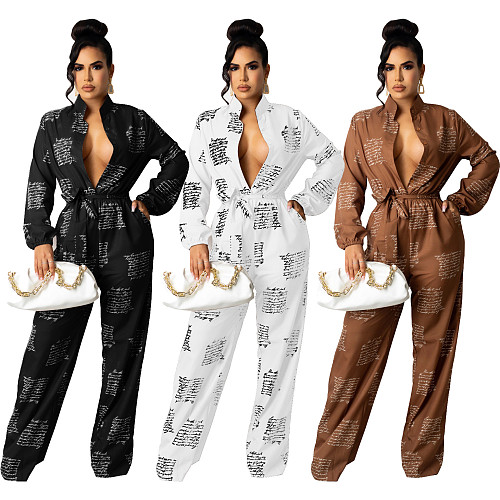 Buttons Up High Waist Long Sleeve Sashes Jumpsuits SHD-9802